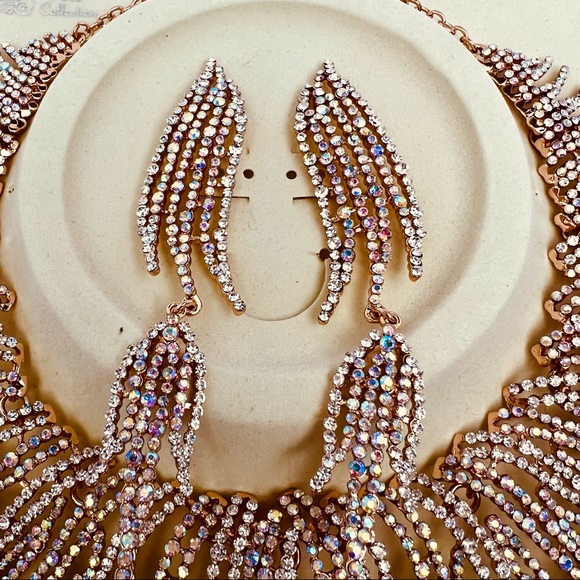 NWT CRYSTAL STATEMENT CHOKER NECKLACE & EARRINGS BRIDAL WOMEN JEWELRY SET - Picture 9 of 11